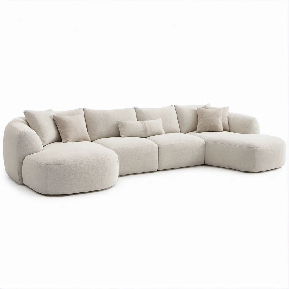 Kremowa modułowa sofa łukowa z tapicerką bouclé 350 × 175 × 75 cm