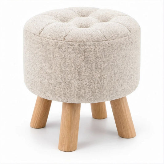 Okrągła pufa kremowa z tapicerką bouclé i nogami z drewna kauczukowego, Ø 40 × 45 cm