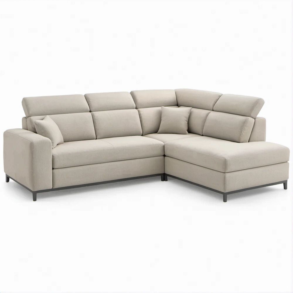 Beżowa sofa narożna z prawostronnym szezlongiem, tapicerka poliestrowa, 260 × 170 × 92 cm