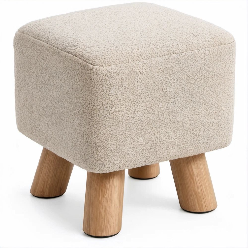 Kremowa pufa bouclé z drewnianymi nogami 40 x 40 x 45 cm