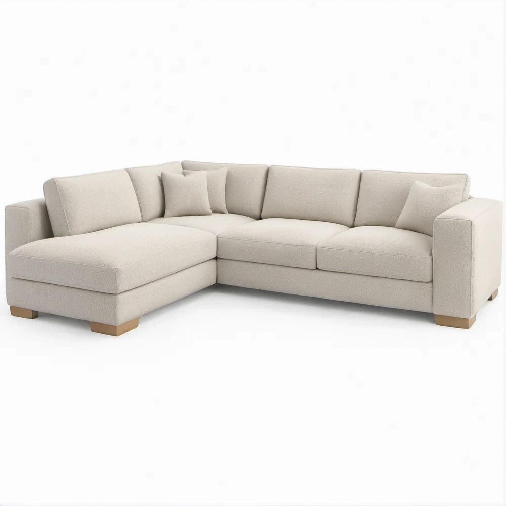 Beżowa sofa narożna z lewostronnym szezlongiem z tkaniny bouclé, 280 x 170 x 85 cm