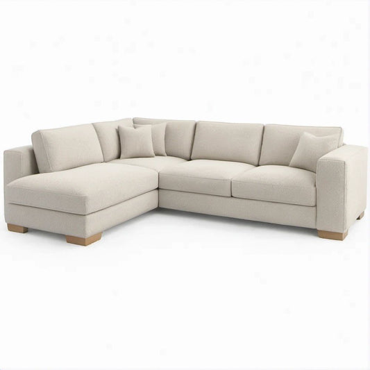 Beżowa sofa narożna z lewostronnym szezlongiem z tkaniny bouclé, 280 x 170 x 85 cm