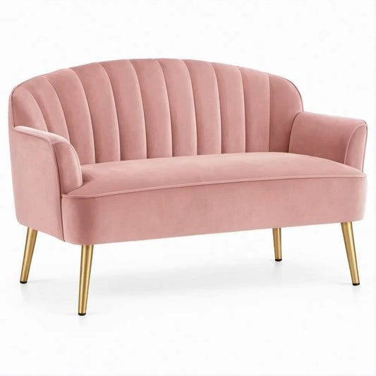 Różowa sofa dwuosobowa z aksamitną tapicerką i złotymi nogami, 128 × 76 × 78 cm