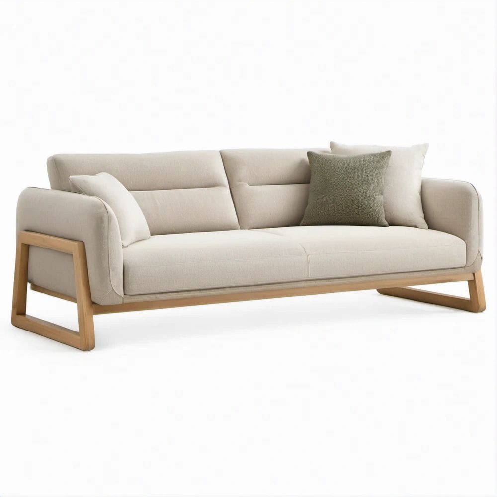 Trzyosobowa sofa beżowa z ramą w kolorze jasnego dębu i poduszkami oliwkową oraz beżową, 220 x 90 x 82 cm