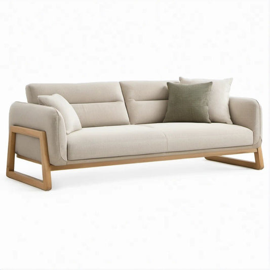 Trzyosobowa sofa beżowa z ramą w kolorze jasnego dębu i poduszkami oliwkową oraz beżową, 220 x 90 x 82 cm