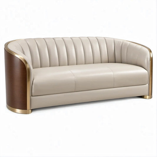 Dwuosobowa sofa półokrągła kremowo-brązowa ze złotymi detalami, 170 x 82 x 78 cm