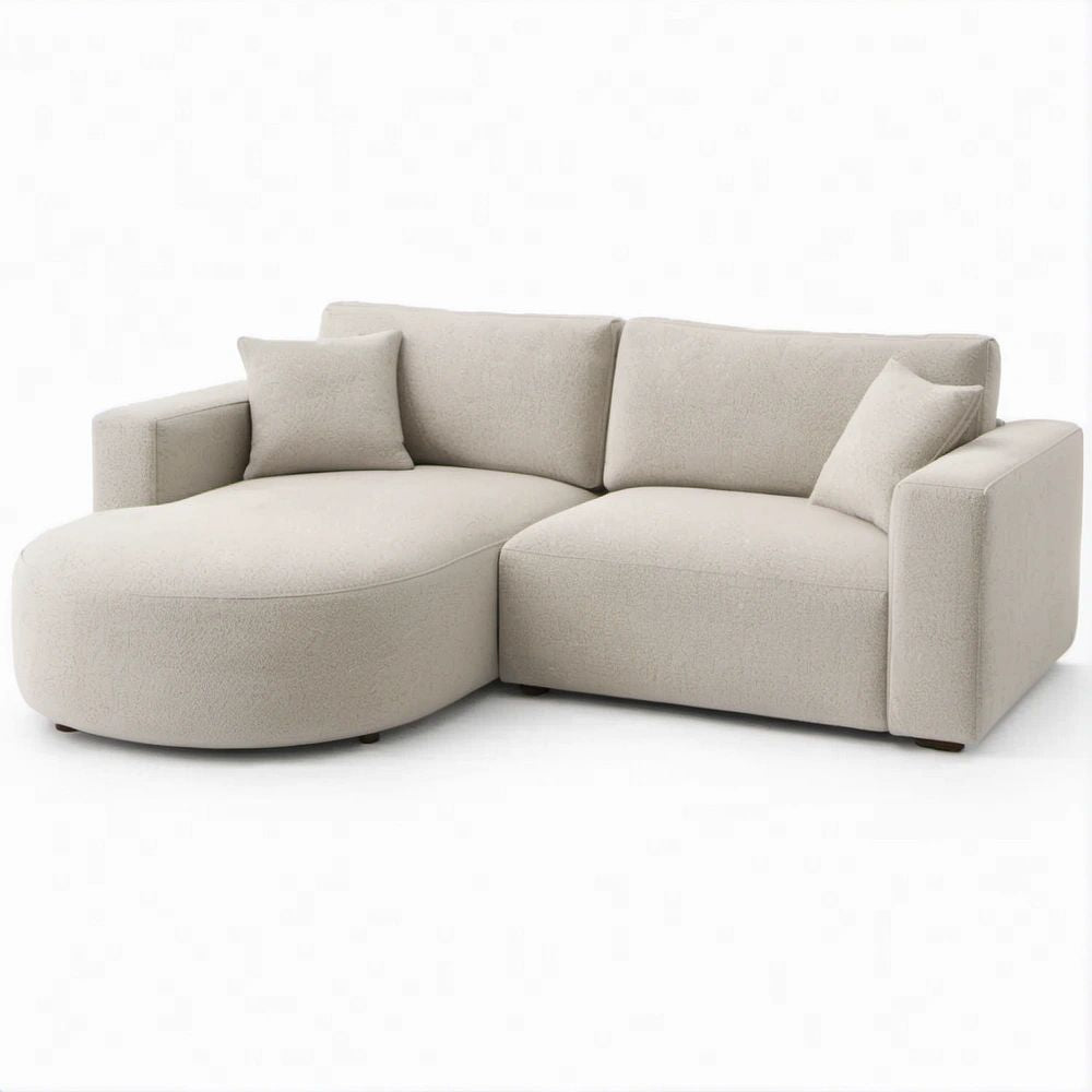 Beżowa sofa dwuosobowa z lewym szezlongiem, tapicerka bouclé, 220 × 150 × 85 cm