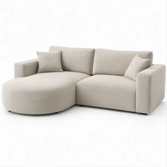 Beżowa sofa dwuosobowa z lewym szezlongiem, tapicerka bouclé, 220 × 150 × 85 cm