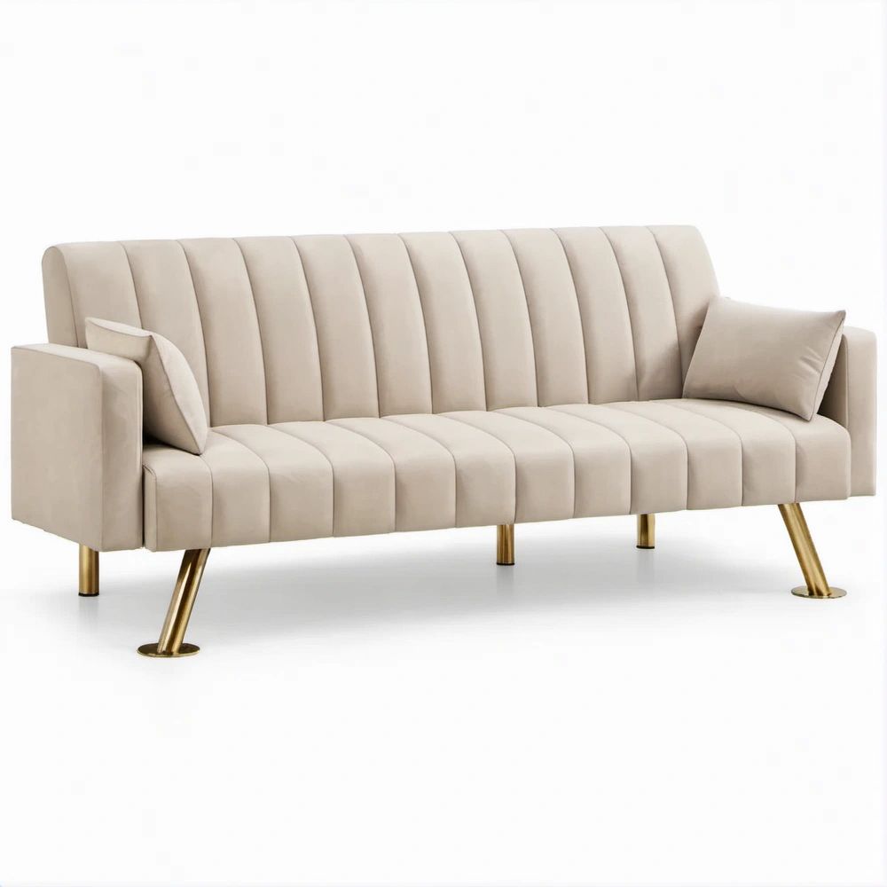 Trzyosobowa sofa beżowa z aksamitnym obiciem i złotymi nogami, 210 × 82 × 86 cm